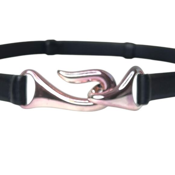 CHICO\'S Genuine Leather Belt Black Silver Hook Buckle Elastic Waist Medium Large main image 5